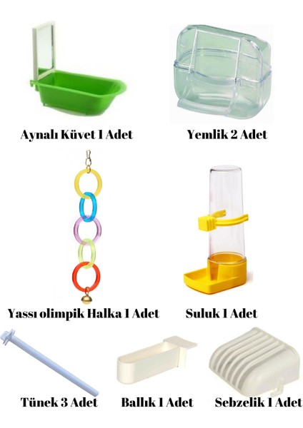 Kuş Kafes Ihtiyaç Set(Yemlik,suluk,ballık,sebzelik,tünek,aynalı Küvet,olimpik Halka)