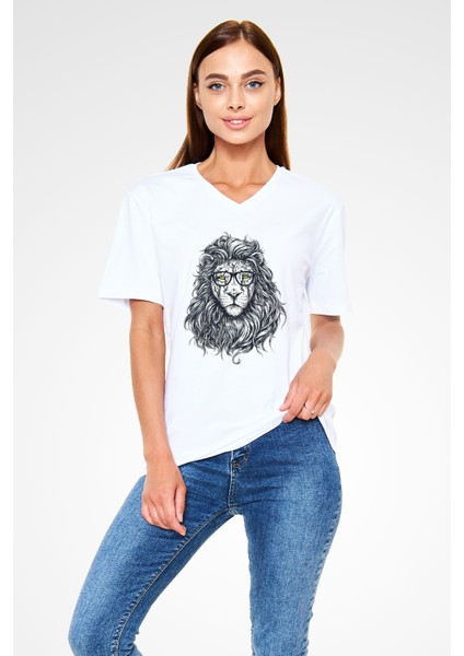 Aslan Baskılı Unisex Beyaz V Yaka Tshirt