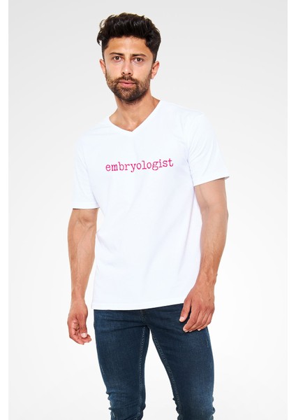 Embriyolog Baskılı Unisex Beyaz V Yaka Tshirt