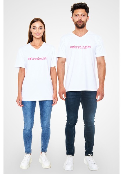 Embriyolog Baskılı Unisex Beyaz V Yaka Tshirt