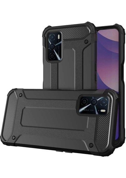 Oppo A16 Darbe Emici Kılıf Military Armor Çift Katman Köşe Korumalı Crash Silikon Tank Kapak Siyah