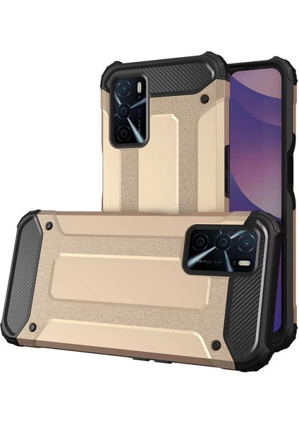 Oppo A16 Darbe Emici Kılıf Military Armor Çift Katman Köşe Korumalı Crash Silikon Tank Kapak Gold