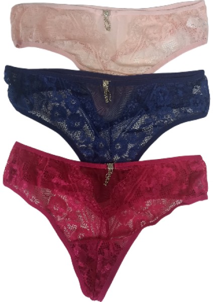 Elifimbutik Pudra-Lacivert-Fuşyadan Oluşan Süper 3'lü Dantelli Tanga Külot