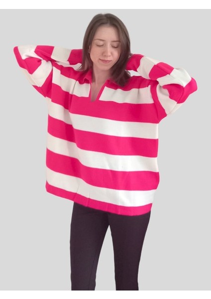 V Polo Yaka Kalın Oversize Triko Kazak - Pembe Beyaz - Standart