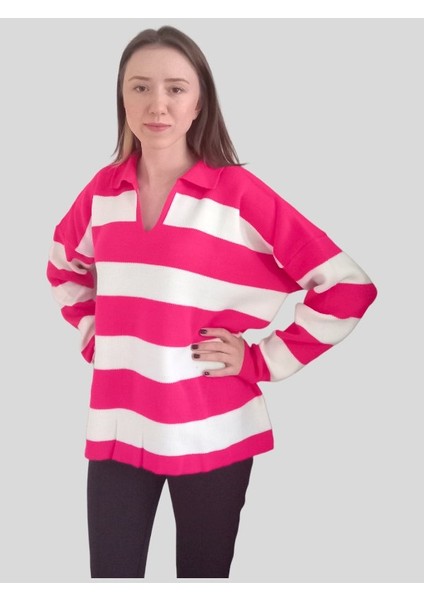 V Polo Yaka Kalın Oversize Triko Kazak - Pembe Beyaz - Standart fiyatları
