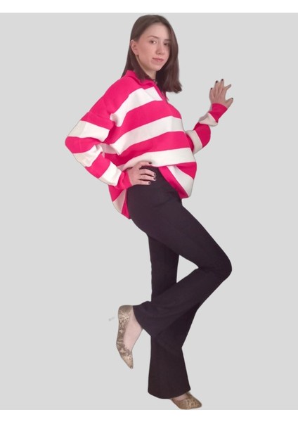 V Polo Yaka Kalın Oversize Triko Kazak - Pembe Beyaz - Standart modelleri
