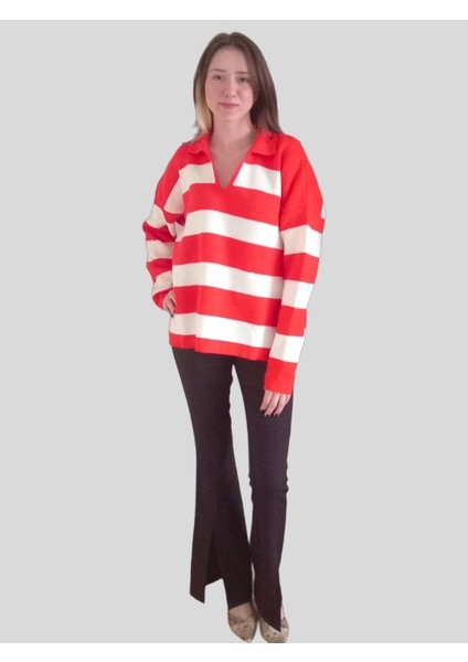 V Polo Yaka Kalın Oversize Triko Kazak - Turuncu Beyaz - Standart