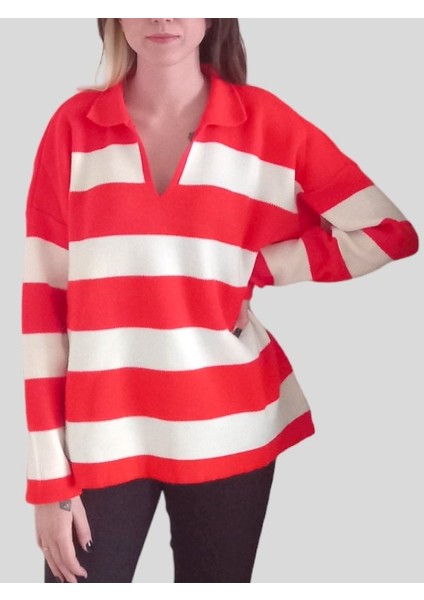 V Polo Yaka Kalın Oversize Triko Kazak - Turuncu Beyaz - Standart fırsatları