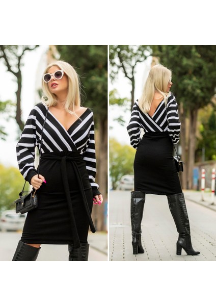 Kadın Çizgi Desenli Kruvaze Yaka Midi Boy Triko Elbise fiyatları