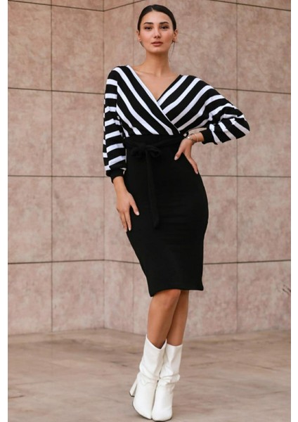 Kadın Çizgi Desenli Kruvaze Yaka Midi Boy Triko Elbise indirimleri