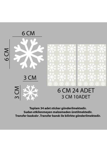 Tuğset Etiket Beyaz Kar Tanesi Cam Sticker Yılbaşı Dekoru/ Sticker - Kartanesi Cam Vitrin Süsleme Etiket 34 Adet