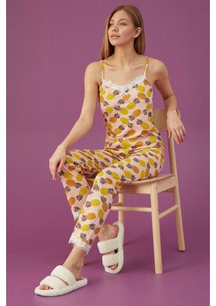 Kadın İp Askılı Desenli Pijama Takımı