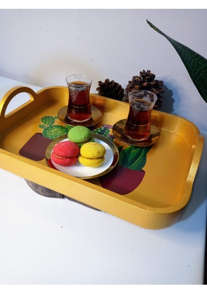 Altın Rengi Çay, Kahve, Söz Nişan Dekoratif Servis Sunum Tepsisi