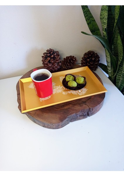Altın Varaklı Çay , Kahve , Söz Nişan Dekoratif Servis Sunum Tepsisi