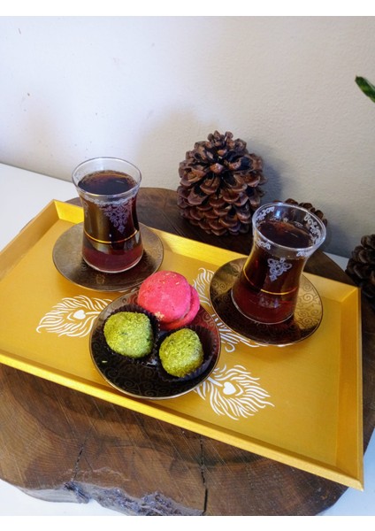 Altın Varaklı Çay , Kahve , Söz Nişan Dekoratif Servis Sunum Tepsisi