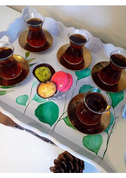 El Boyaması Ahşap Çay , Kahve , Söz Nişan Dekoratif Servis Sunum Tepsisi
