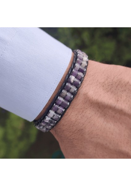 Ametist & Hematit Taşı Silindir Bileklik, Unisex / Kadın / Erkek
