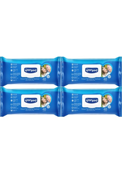 Hasta Vücut Perine Temizleme Islak Mendil Havlu 48 Yaprak Xl (4 Lü Set) Plastik Kapaklı