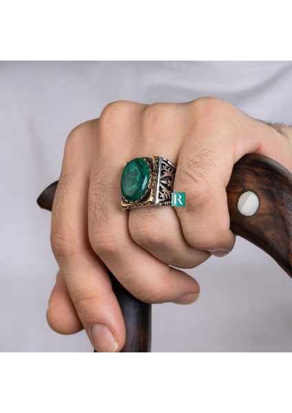 925 Gümüş Lüks Yüzük Malakit Kehribar Pietersite Oval Taşlı Erkek Takı Hediye