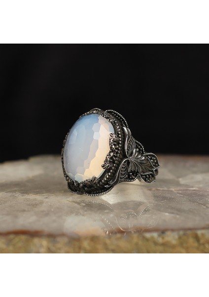 925 Ayar Gümüş Erkek Yüzük Doğal Ay Taşı Firuze Zirkon Zümrüt Labradorit Taşlı Takı fiyatları