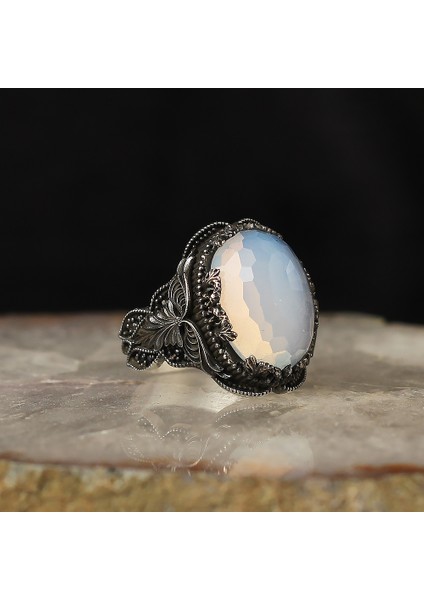 925 Ayar Gümüş Erkek Yüzük Doğal Ay Taşı Firuze Zirkon Zümrüt Labradorit Taşlı Takı