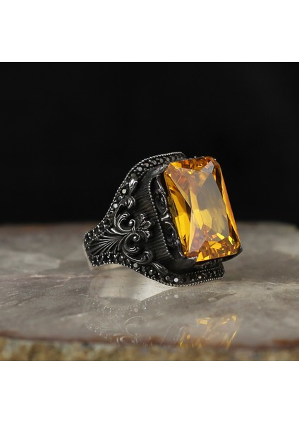 925 Ayar Gümüş Erkek Yüzük Doğal Taşı Firuze Zirkon Sitrin Mistik Topaz