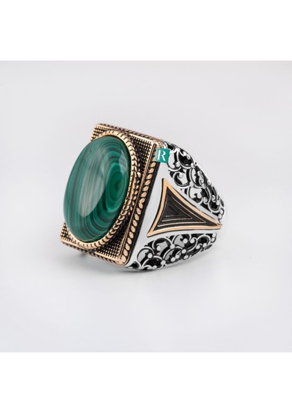 925 Gümüş Yüzük Malakit Sedef Zümrüt Oval Taşlı Erkek Takı