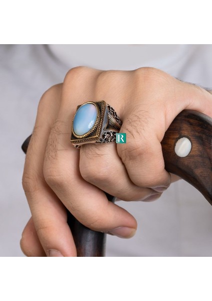 925 Gümüş Yüzük Malakit Sedef Zümrüt Oval Taşlı Erkek Takı