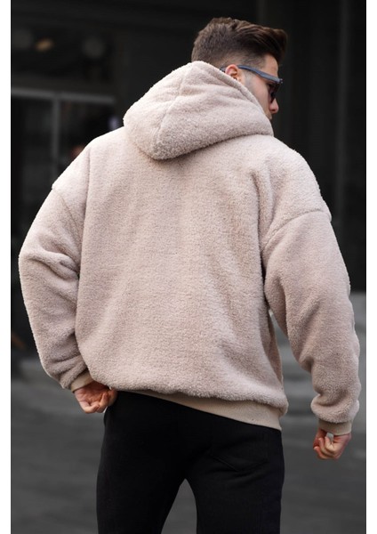 Bej Peluş Over Fit Kapüşonlu Fermuarlı Erkek Sweatshirt 6049 fiyatları