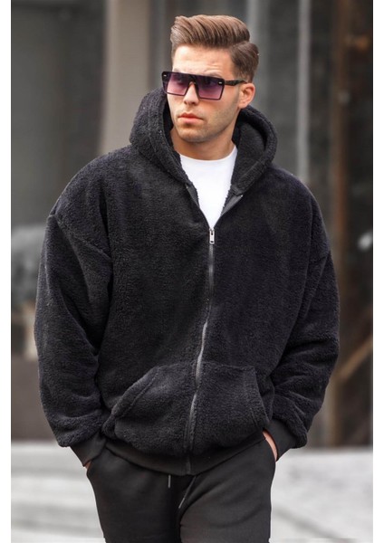 Siyah Peluş Over Fit Kapüşonlu Fermuarlı Erkek Sweatshirt 6049