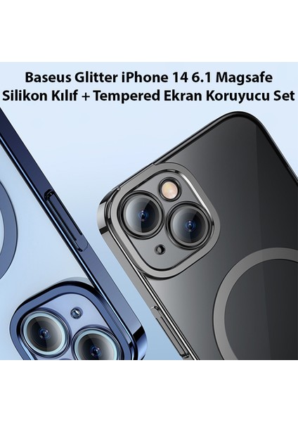 Glitter iPhone 14 6.1 Magsafe Silikon Kılıf + Tempered Ekran Koruyucu Set