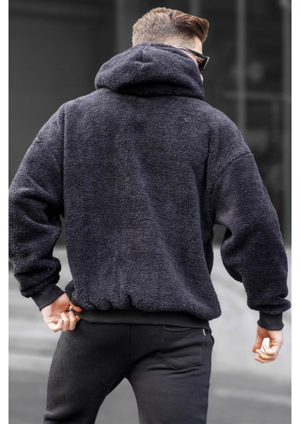 Siyah Peluş Over Fit Kapüşonlu Fermuarlı Erkek Sweatshirt 6049 fiyatları