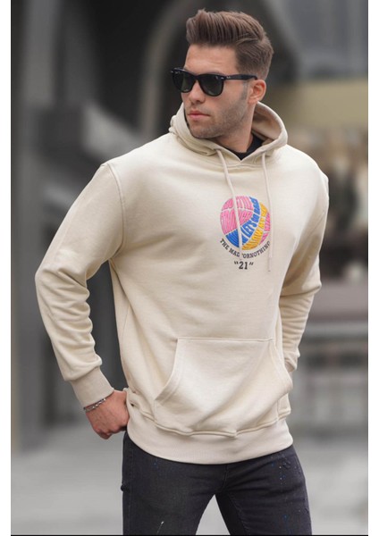 Bej Kabartma Baskılı Kapüşonlu Sweatshirt 6042