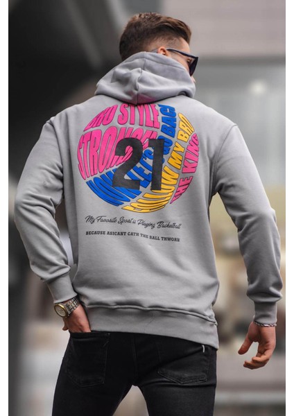 Boyalı Gri Kabartma Baskılı Kapüşonlu Sweatshirt 6042