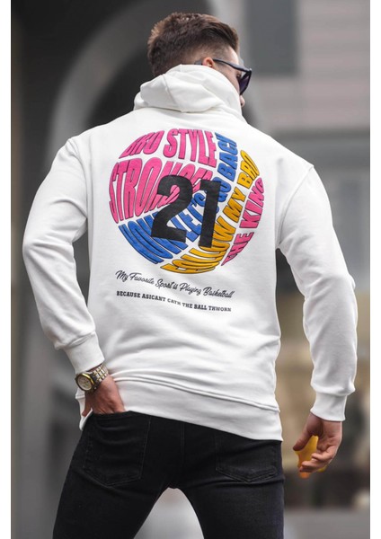 Ekru Kabartma Baskılı Kapüşonlu Sweatshirt 6042