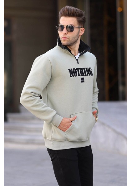 Mint Yeşili Baskılı Fermuar Detaylı Sweatshirt 6003