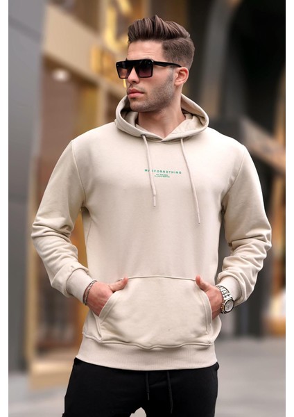 Bej Kapüşonlu Baskılı Erkek Sweatshirt 6017