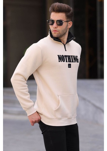 Açık Bej Baskılı Fermuar Detaylı Sweatshirt 6003