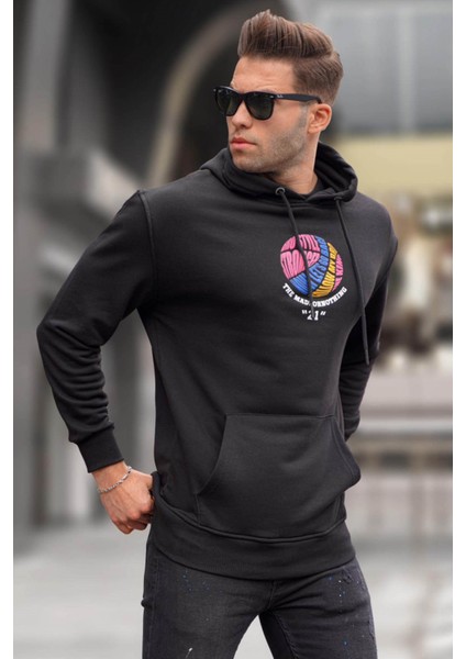 Siyah Kabartma Baskılı Kapüşonlu Sweatshirt 6042