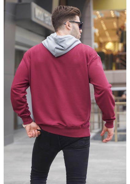 Bordo Kapüşonlu Desenli Sweatshirt 6022