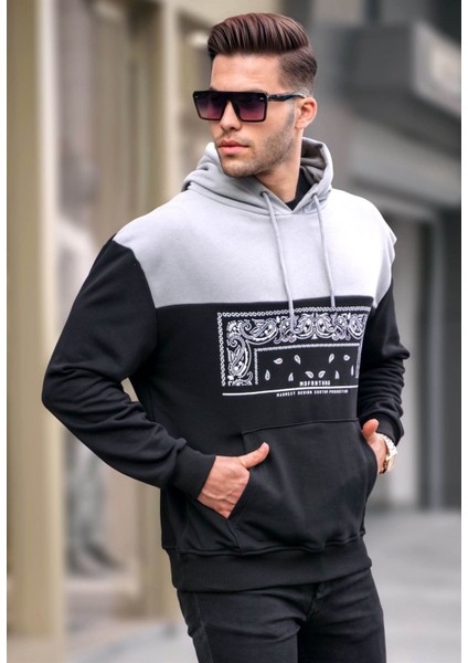 Siyah Kapüşonlu Desenli Sweatshirt 6022