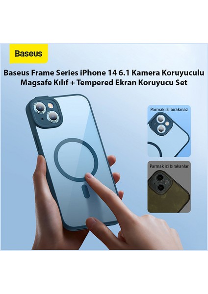 Frame Series iPhone 14 6.1 Kamera Koruyuculu Magsafe Kılıf + Tempered Ekran Koruyucu Set