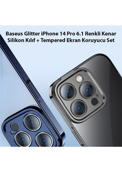 Glitter iPhone 14 Pro 6.1 Renkli Kenar Silikon Kılıf + Tempered Ekran Koruyucu Set