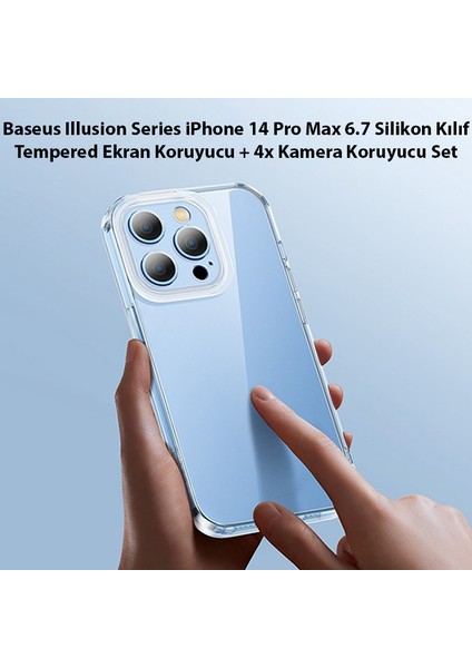 Illusion Series iPhone 14 Pro Max 6.7 Silikon Kılıf + Tempered Ekran Koruyucu + 4x Kamera Kor