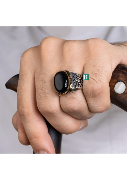 925 Ayar Gümüş Erkek Yüzük Akik Taşı Kehribar Taşlı Yüzük Nokta Desenli