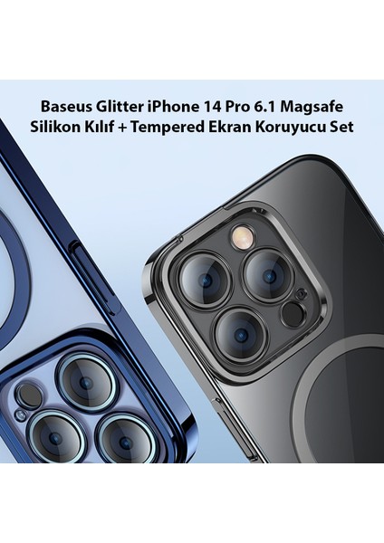 Glitter iPhone 14 Pro 6.1 Magsafe Silikon Kılıf + Tempered Ekran Koruyucu Set