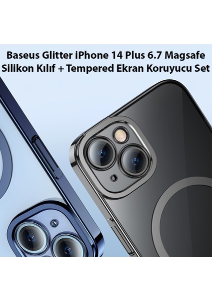 Glitter iPhone 14 Plus 6.7 Magsafe Silikon Kılıf + Tempered Ekran Koruyucu Set