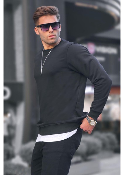 Siyah Basic Bisiklet Yaka Erkek Sweatshirt 6047