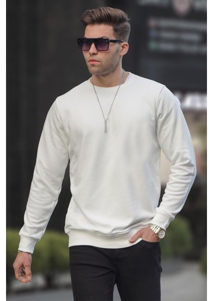 Ekru Basic Bisiklet Yaka Erkek Sweatshirt 6047