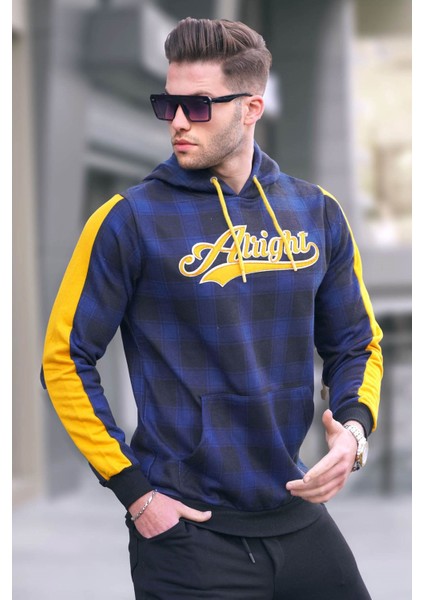 Kapşonlu Ekoseli Sweatshirt Lacivert 2843